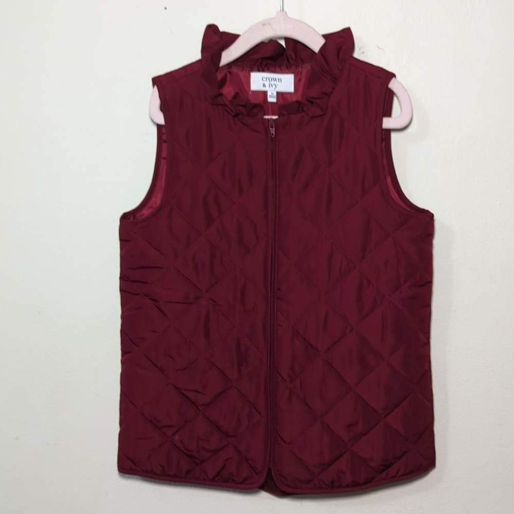 Crown & Ivy Maroon Quilted Vest Full Zip Ruffle Collar Girls Size M